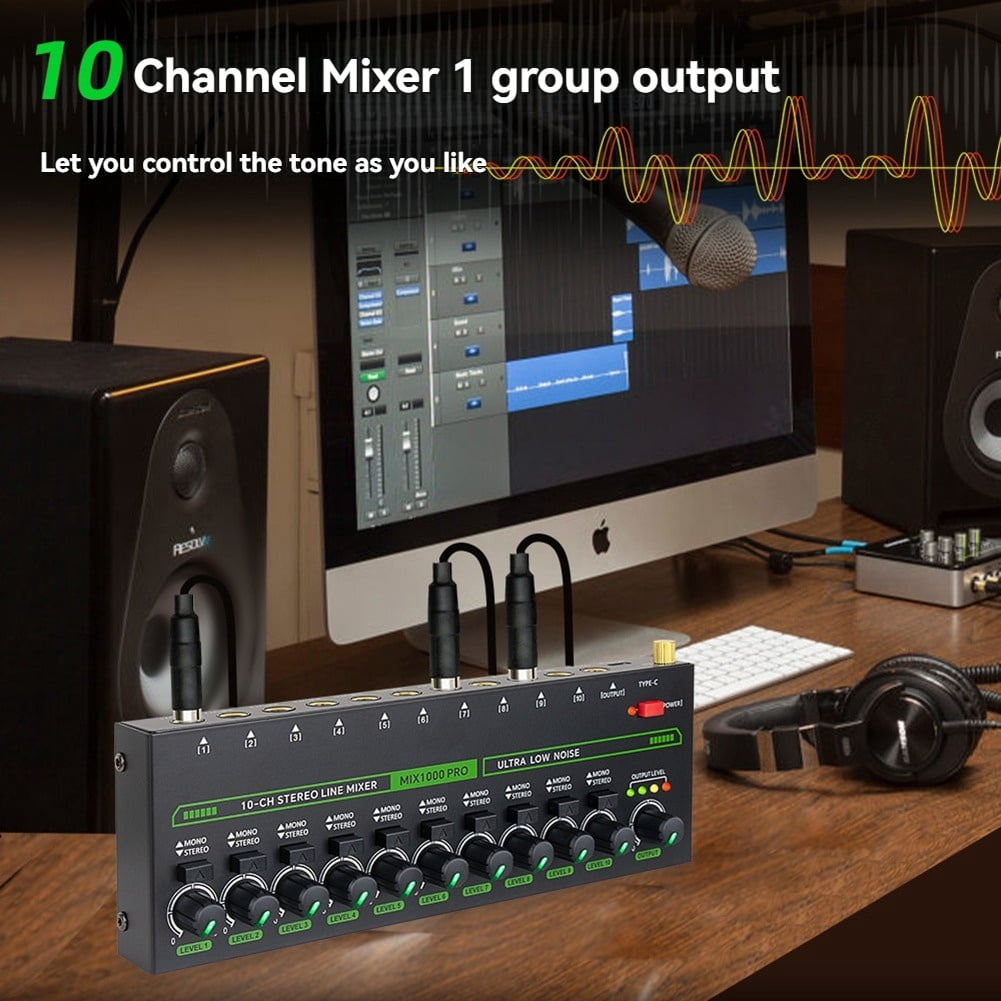 Professional 10 Channel Sound Mixer Low Noise LED Sound Mixer with RGB Light for Sub-Mixing Stereo Switcher US Plug