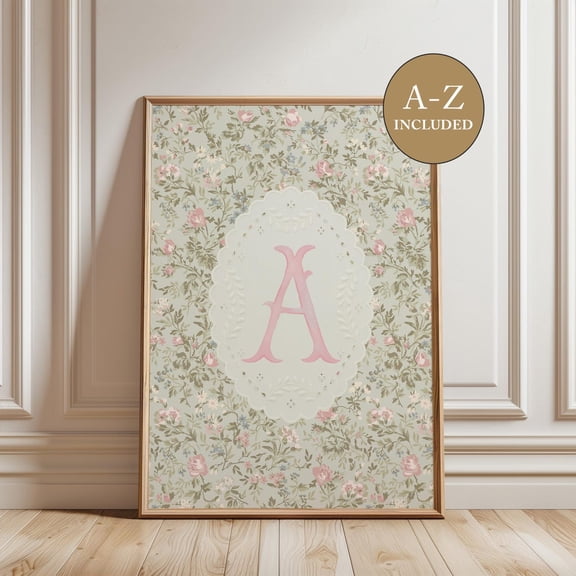 Initial Poster Wall Art, Vintage Floral Girl Nursery Decor, Sage Green and Pink Monogram Initial Poster, Cottagecore Alphabet, Size 8x12 UNFFRAMED F03.1.7l3100