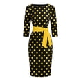 thumbnail image 6 of ClodeEU Women's Polka Dot Round Neck 3/4 Sleeve Self Belt Waist Bodycon Midi Pencil Dress,Vintage Elegant Cocktail Party Dress Yellow,Women's Plus L, 6 of 6