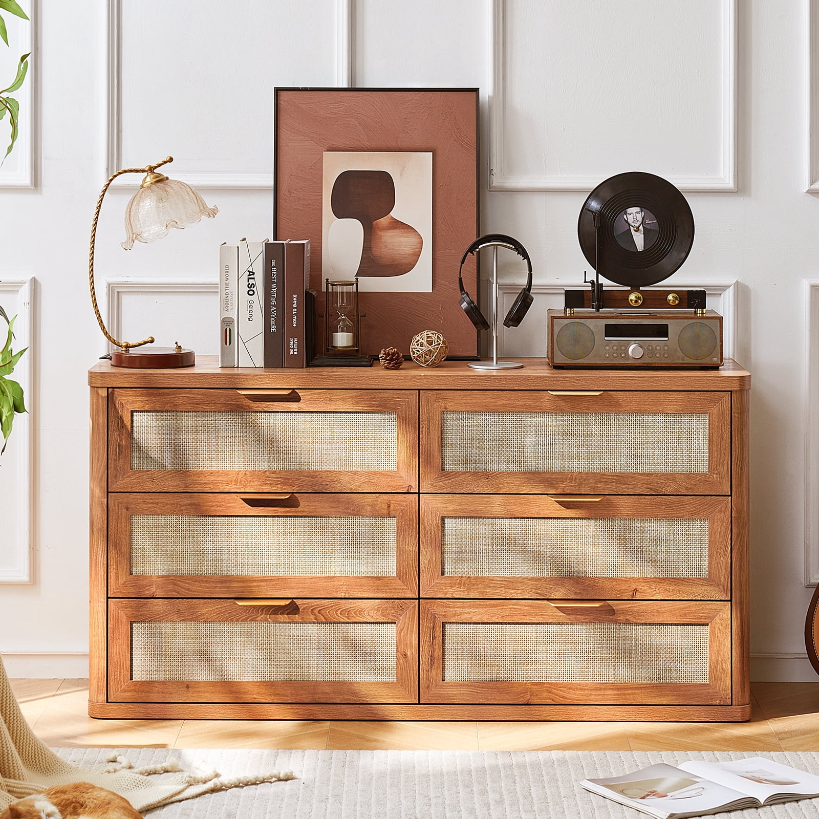 6 Drawer Dresser for Bedroom Set of 2, Boho 54" Wide Brown Dresser Chest of Drawers, Dressers TV Stand with Metal Handle, Storage Dressers Closet for Living Room