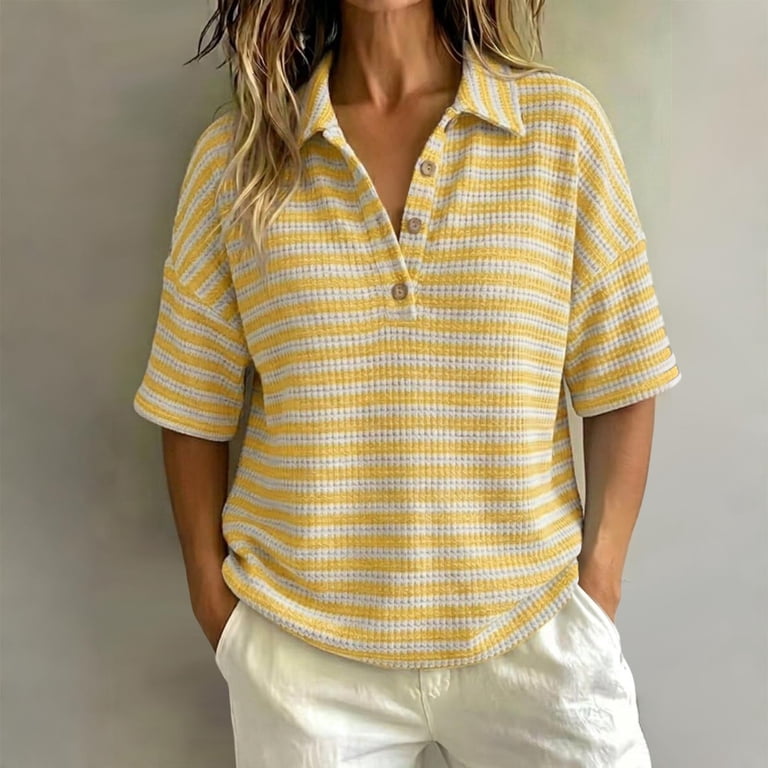 トップス  Waffle Short-Sleeved Polo Shirt Shrysg Women's Waffle Polo Shirts Casual Striped Knit Short Sleeve
