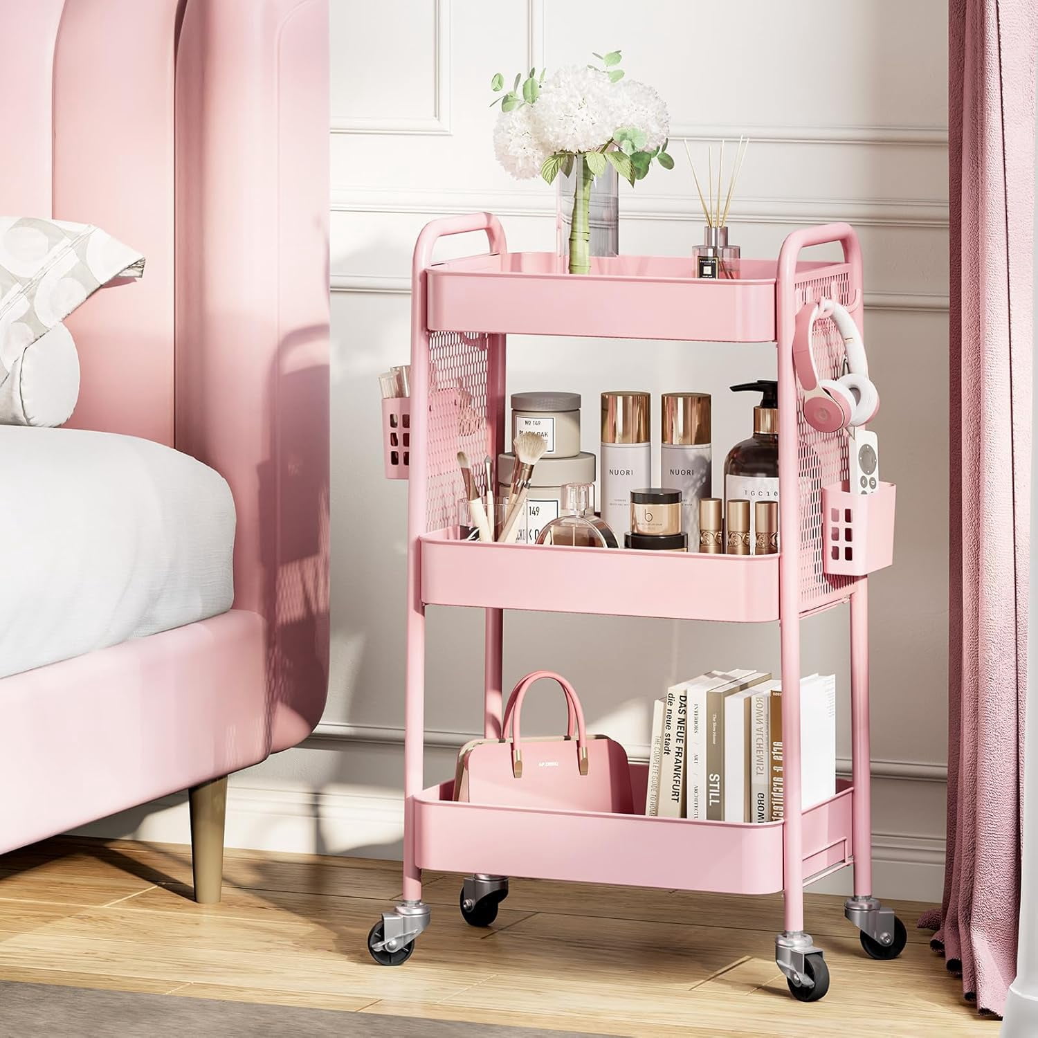 3 Tier Rolling Cart Storage Organizer, Metal Rolling Utility Cart with Wheels, Hooks & Bins Esthetician Craft Art Sturdy Storage with Pegboard for Bathroom, Kitchen, Office, Nursery Diaper