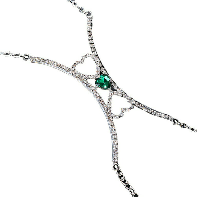 Silver Rhinestone Chest Bracket Chain Trendy Crystal Heart Harness Chest  Bra Chain Sexy Bikini Heart Waist Body Jewelry for Women (Heart) 