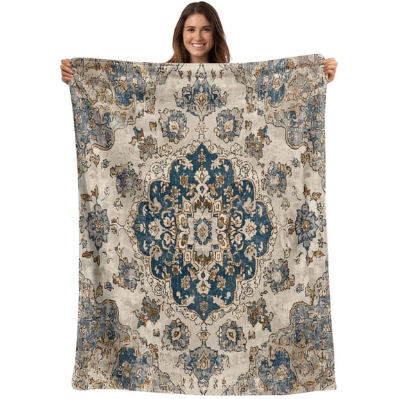 Blue Brown Boho Blanket Soft Cozy Warm Throw Blanket for Couch, Plush Fuzzy Flannel Fleece Blankets for Sofa, Ethnic Vintage Southwestern Geometric Bed Blankets Lightweight Gifts for Women, 30"x40"