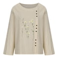 thumbnail image 4 of Hauts Décontractés pour Femmes Col Rond Boutons devant Imprimé Chemises en Coton Lin Confortables Légères Blouses à Manches Longues, 4 of 7