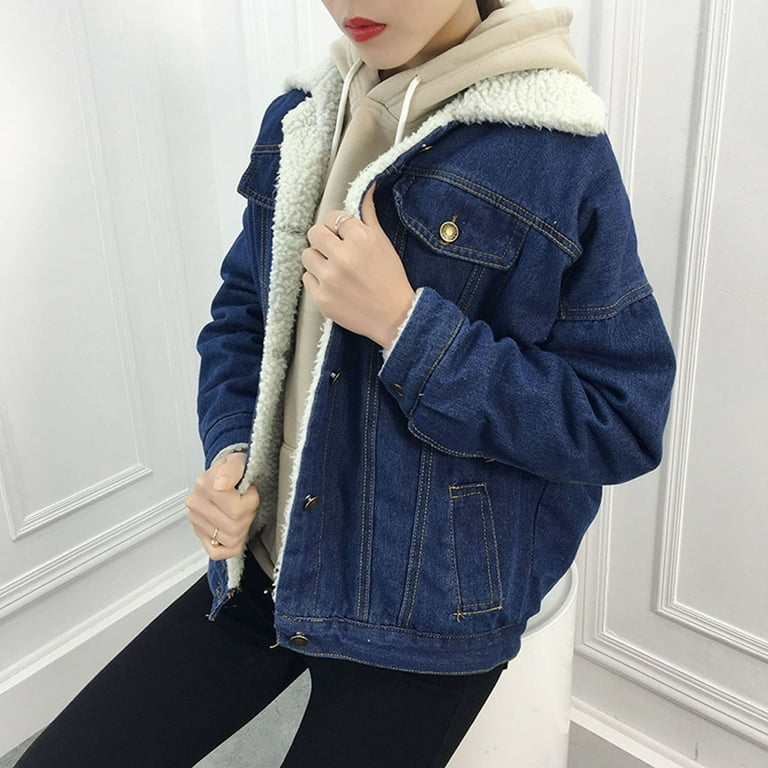HAPIMO Rollbacks Winter Denim Jacket for Women Girls Fall Fashion Tops Casual Comfy Womens Button Down Pocket Lapel Outwear Plush Fuzzy Fleece Thick Jacket Long Sleeve Blue S Walmart