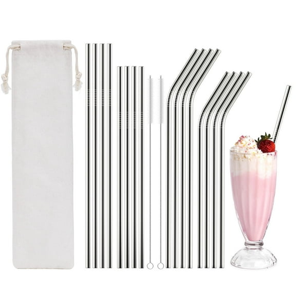 LIZEVINC 16PCS Reusable Metal Straws, 8 Straight   8 Bent with 2 Cleaning Brushes & Organize Bag, Suitable for 20/30 Oz for Tumblers, Dishwasher Safe(Silver)