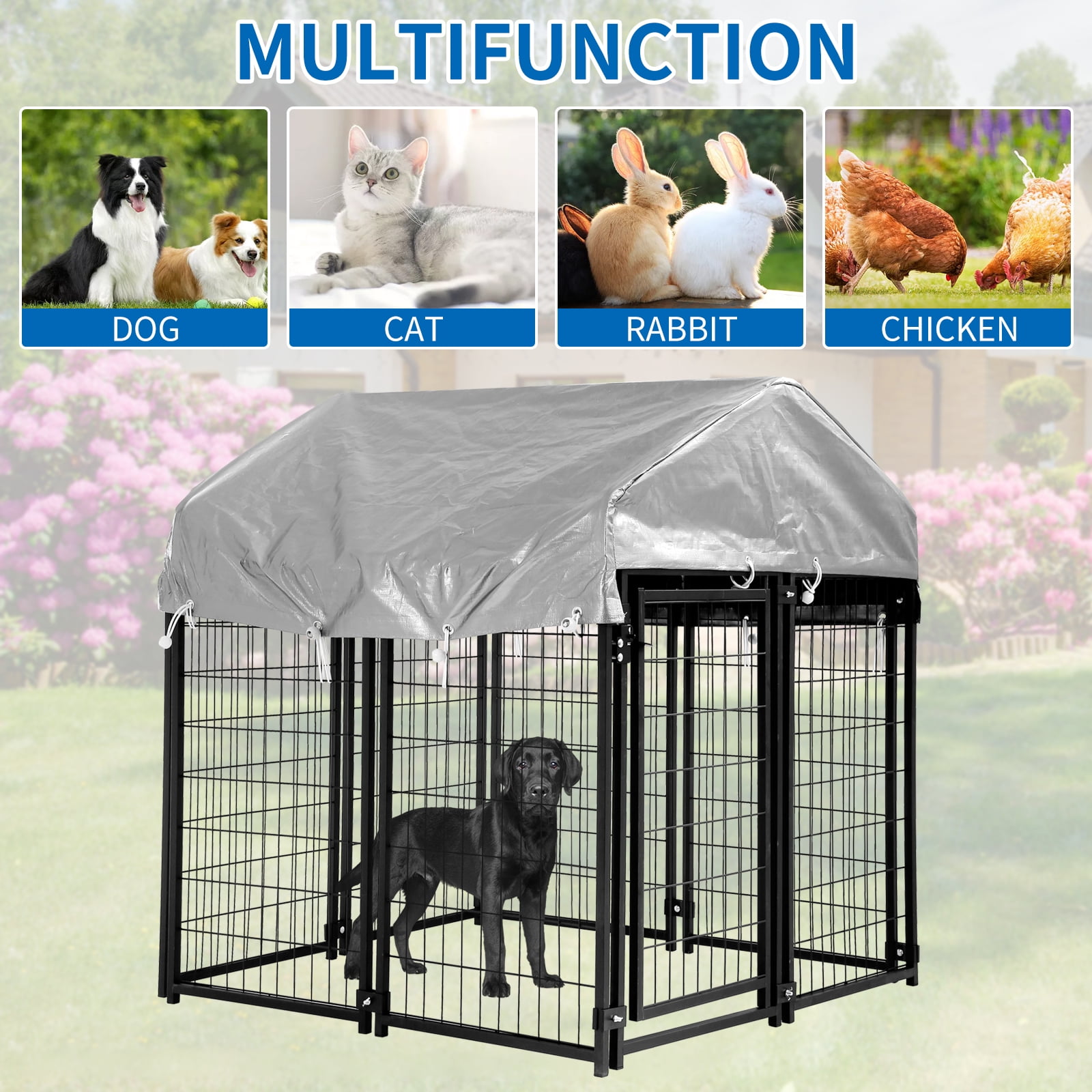 Dkelincs 4'x4'x4.4' Heavy Duty Large Dog Kennel Metal Dog Cage Crate Outdoor Pet Playpen with UV Cover, Black