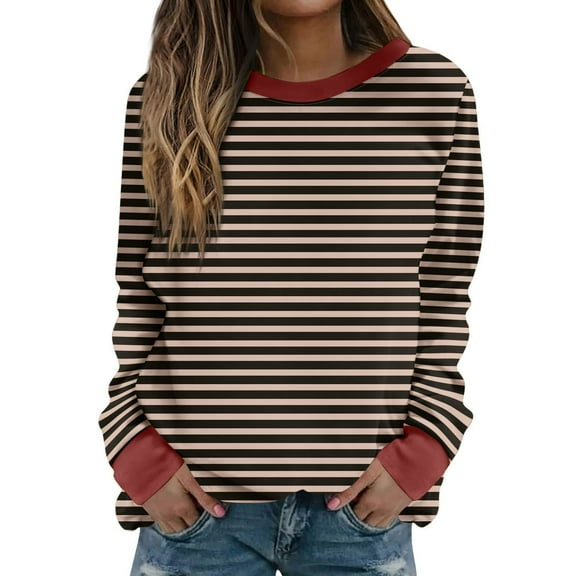 successthop Plus Size Sweatshirts for Women Oversized Crewneck Long Sleeve Sweater Pullover Tops Stripe Sweatshirts