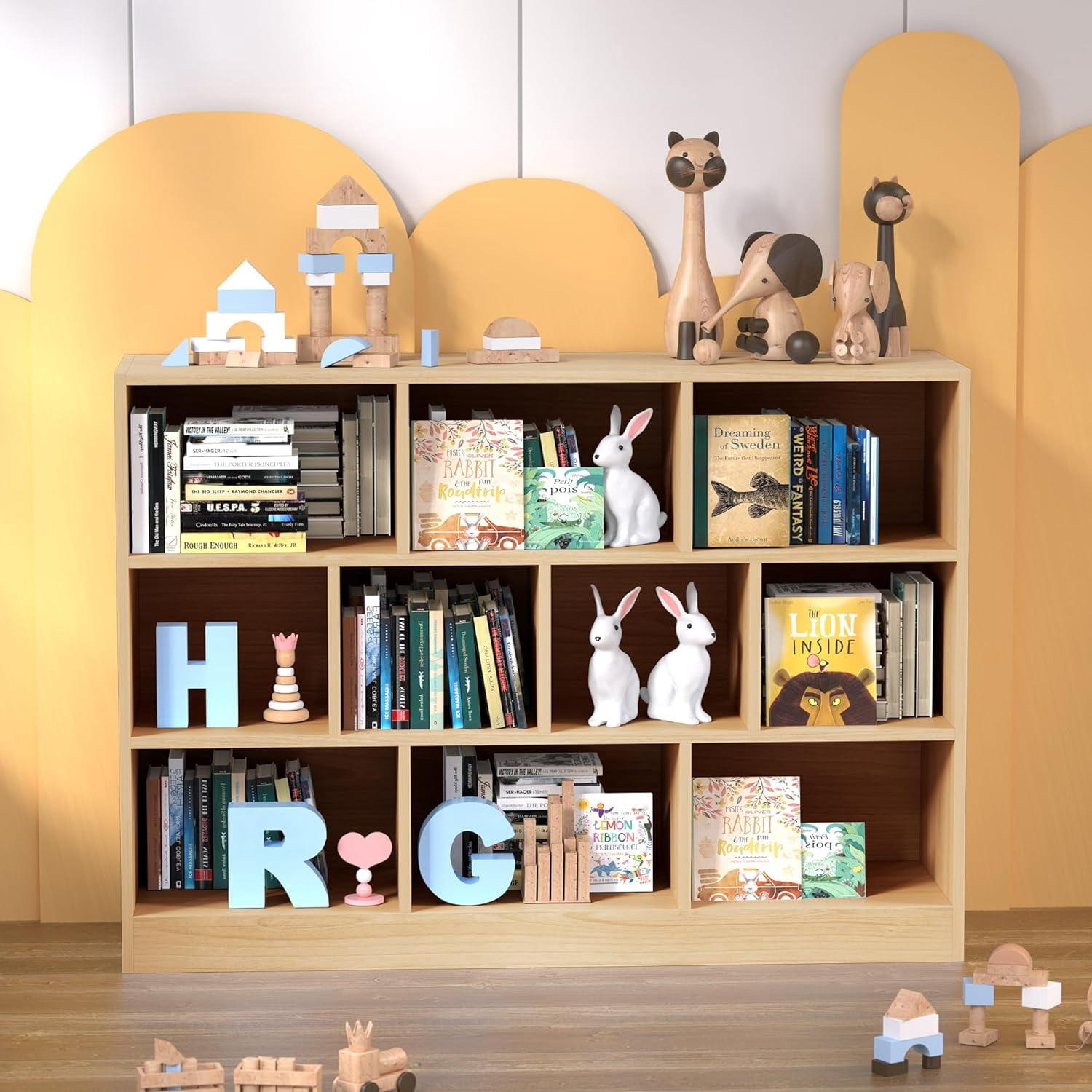 Cozy Castle Wood Bookshelf, 3-Tier Open Shelf Bookcase, 10 Cube Storage Organizer with Anti-Tilt Device for Bedroom, Living Room, 55.12" W x 11.6" D x 40.95" H, Oak