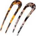 thumbnail image 1 of 2 Pack French Style Cellulose Acetate Tortoise Shell U Shaped Hair Pin Fork Sticks 2 Prong Updo Chignon Pin For Women, 1 of 4