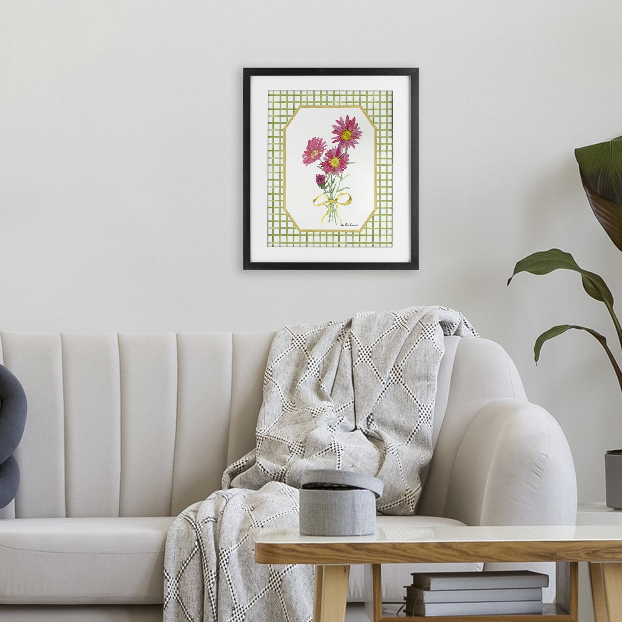 Botanical Story on Gingham Black Framed Print Under Glass, design by Lee Ann Sanders