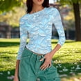 thumbnail image 4 of Womens Slim Fit T-shirts 3/4 Sleeve Crewneck Plus Size Y2k Crop Tops Graphic Base Tee Shirt S-3X Casual Spring (L, Light Blue|Floral), 4 of 7