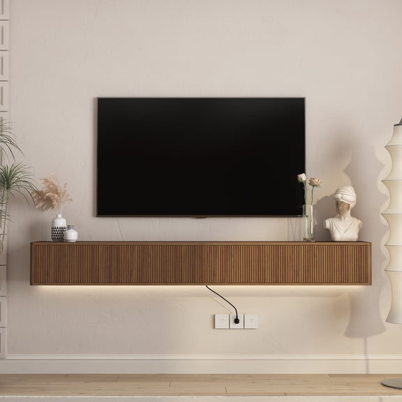 DRNANLIT Floating TV Stand with LED Lights, Storage Shelves and Power Outlets, Modern TV Console for Living Room