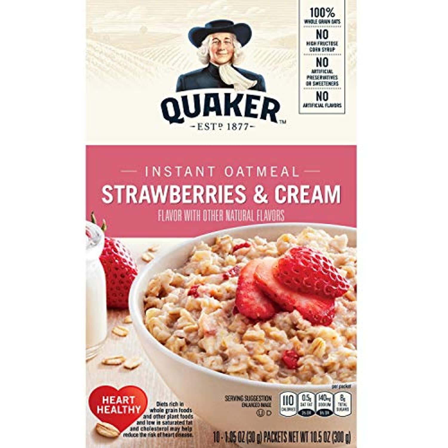 Quaker Instant Oatmeal, Strawberry & Cream, Breakfast Cereal, 1.23 Ounce, 10 Packets Per Box (Pack Of 4)