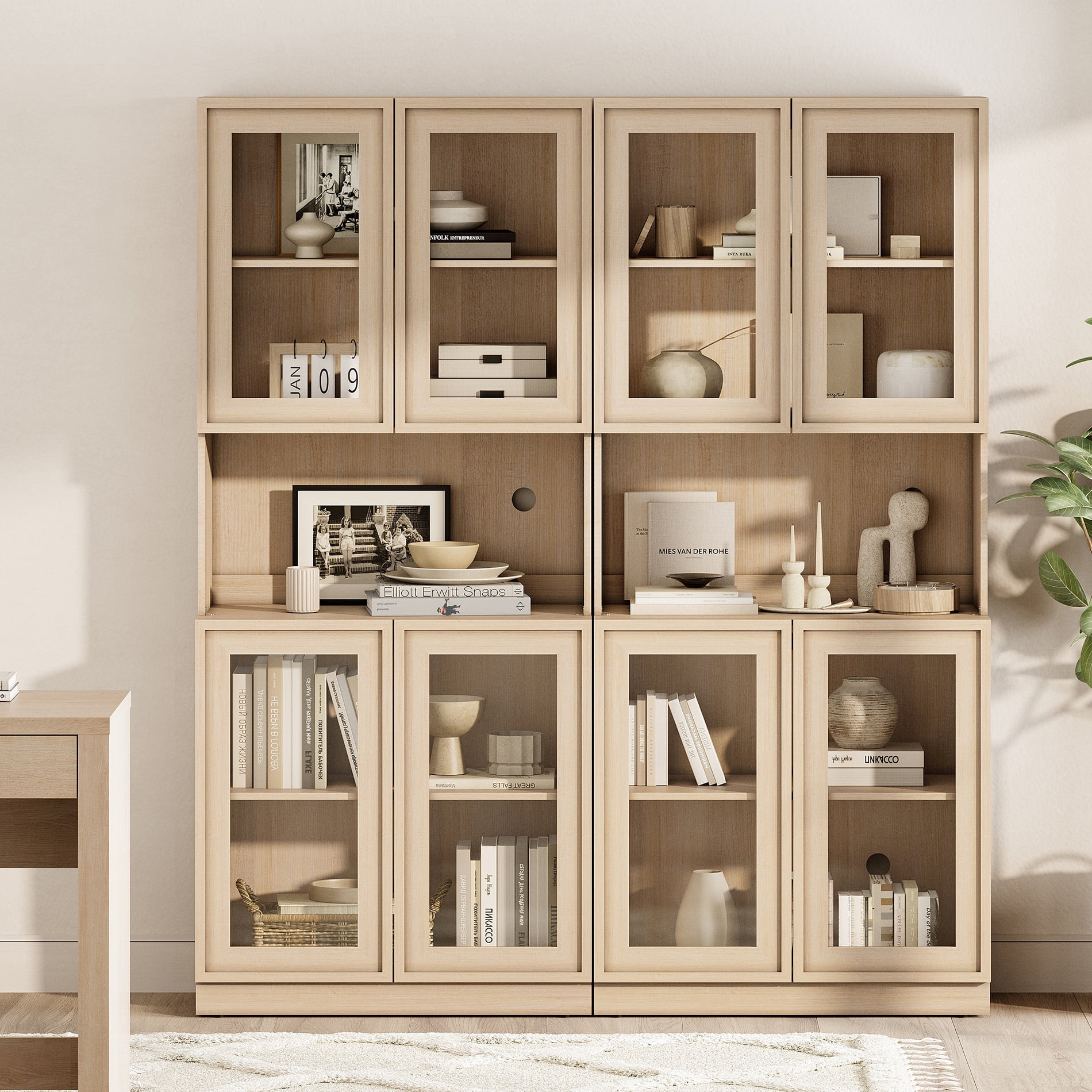 Modern 72" Tall Bookshelf with Glass Doors & Adjustable Shelves, Library Bookcase with Cabinet and Glass Display Shelves,Beige