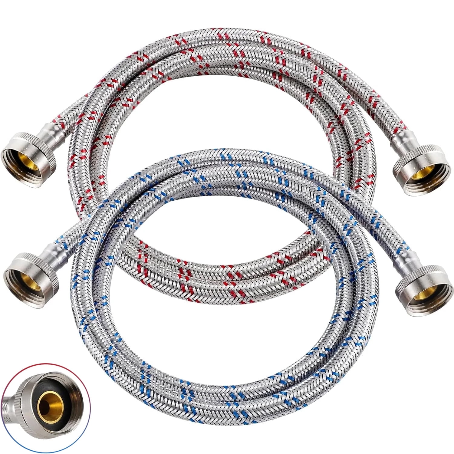 4 Ft Washing Machine Hoses, Premium Stainless Steel Washer Hoses Burst Proof 2 Packs, Hot and Cold Striped Water Supply Hoses for ALL Washing Machine