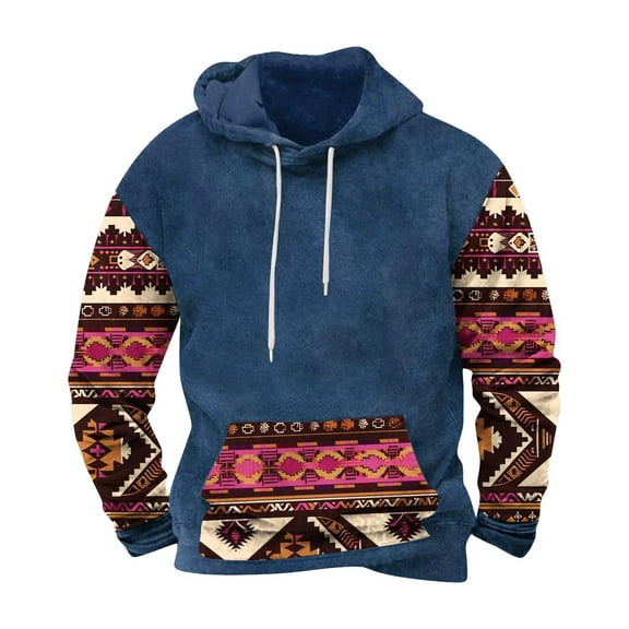 DeHolifer Oversized Sweatshirts for Men Aztec Print Drawstring Long Sleeve Hoodies Pullover Sweatshirts with Pocket Blue L