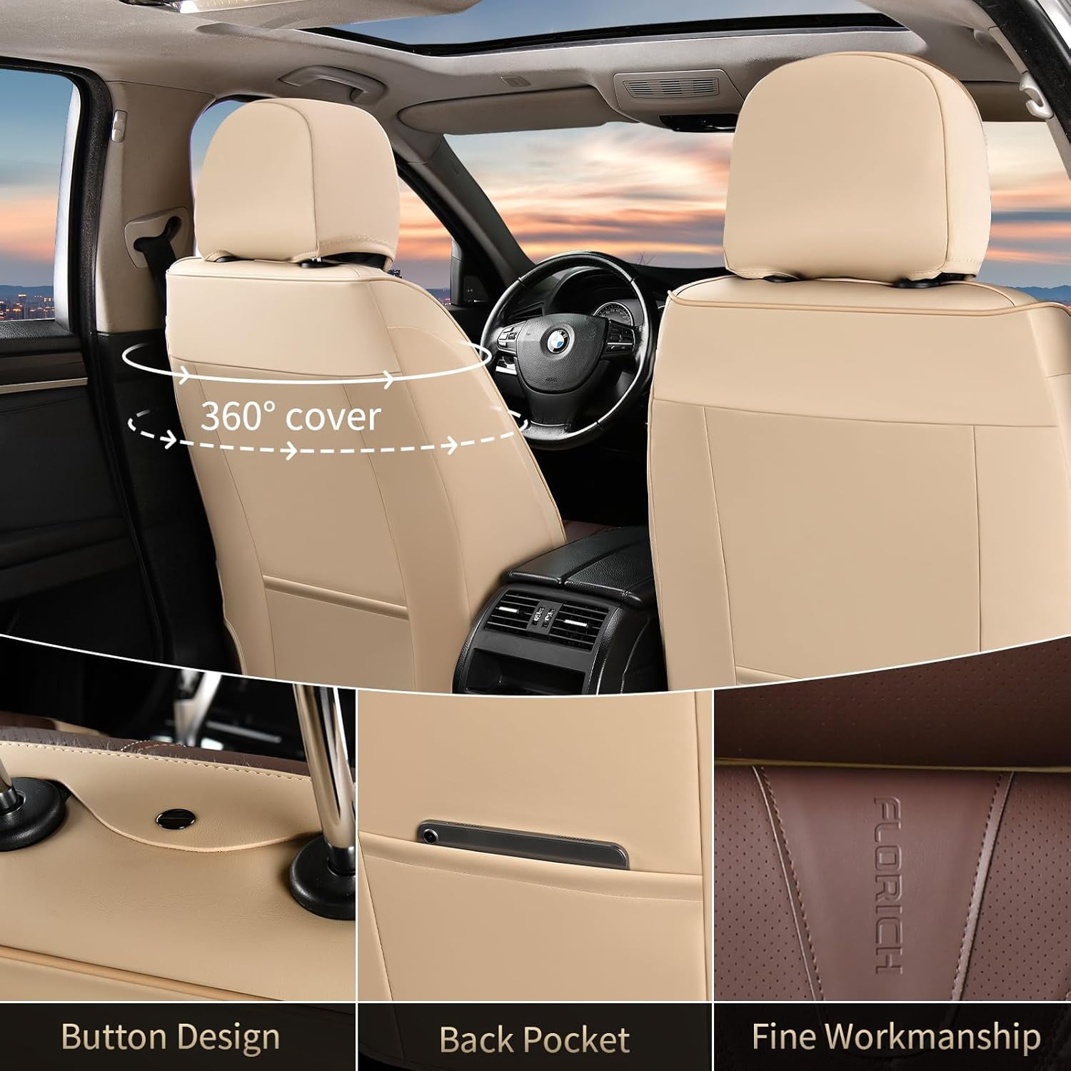 FLORICH Full Set Car Seat Covers, Premium Faux Leather Seat Protectors, Breathable Material Cushions Universal Fit for Most Cars, Beige & Coffee