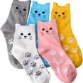 thumbnail image 1 of 5 Pairs/Pack Cute Mid Crew Socks  Kitty & Footprint Pattern Kawaii Mid Crew Sports Socks  Women‘s Socks, 1 of 6