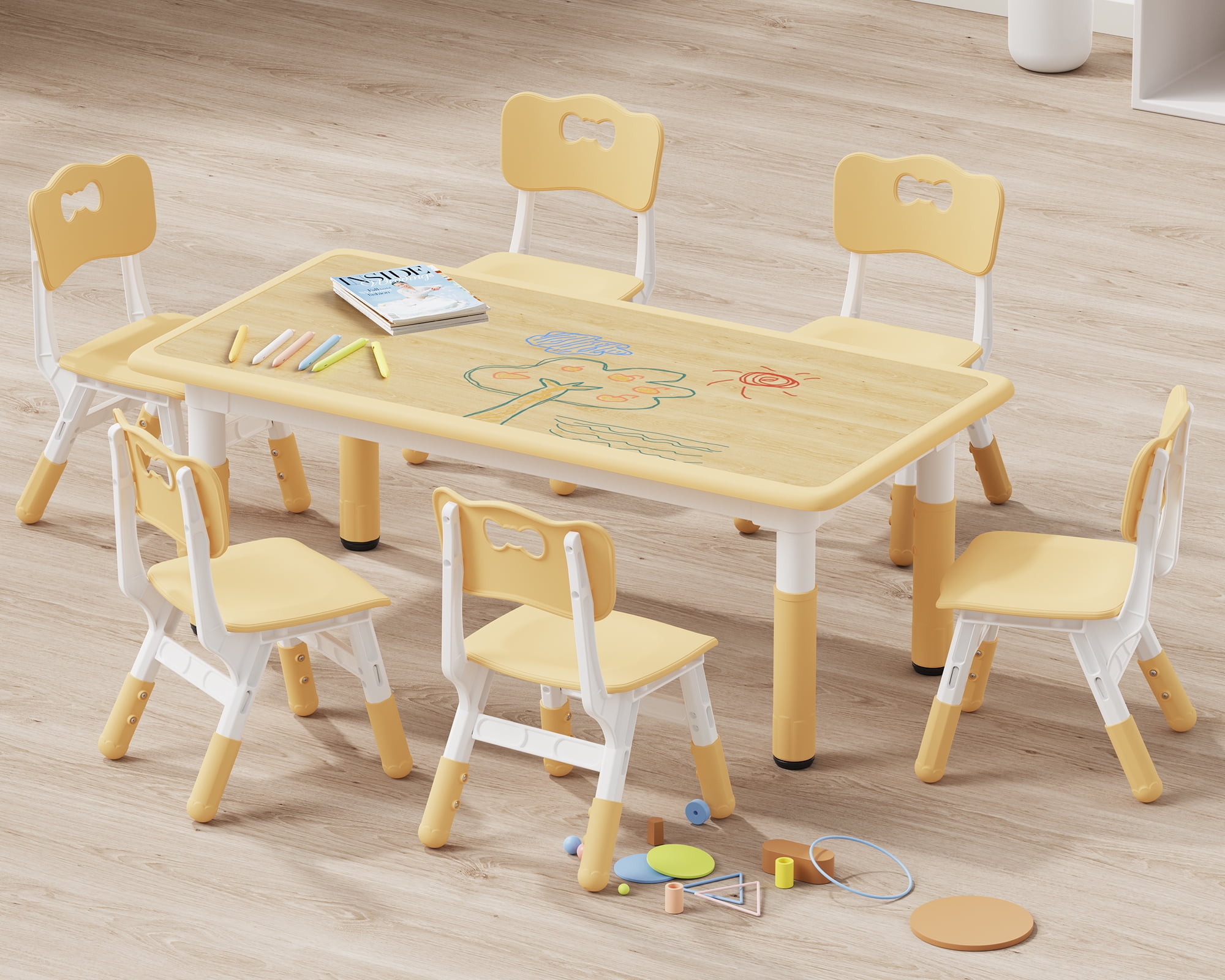 MAVINEX Kids Table and 6 Chairs Set, Height Adjustable, Beige Wood Finish, Toddler Play Table Ages 2-10