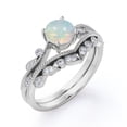 thumbnail image 4 of JeenMata V Shape - 1 Carat Round Shape Boulder Opal And Moissanite - Filigree Milgrain - Curved Band Bridal Ring Set - 18K White Gold Plating Over Silver, 4 of 6