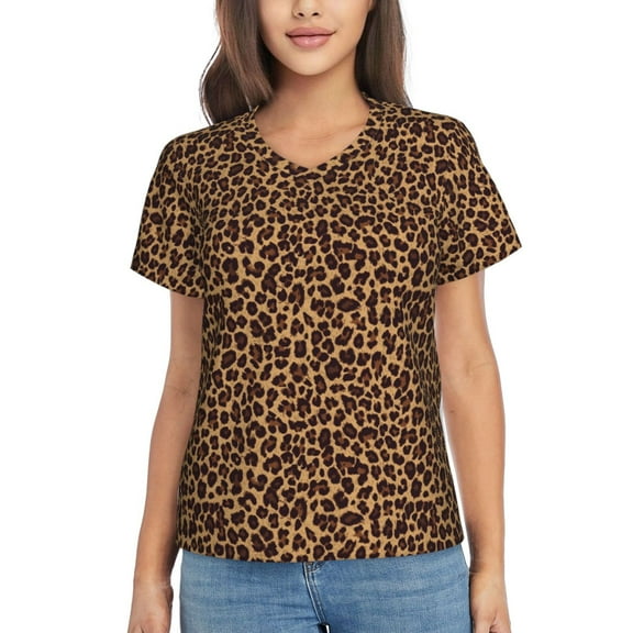 Xecao Leopard Printed for Women's V-Neck T-Shirts-Elegant Half-Sleeve Tops Perfect for Summer-Small