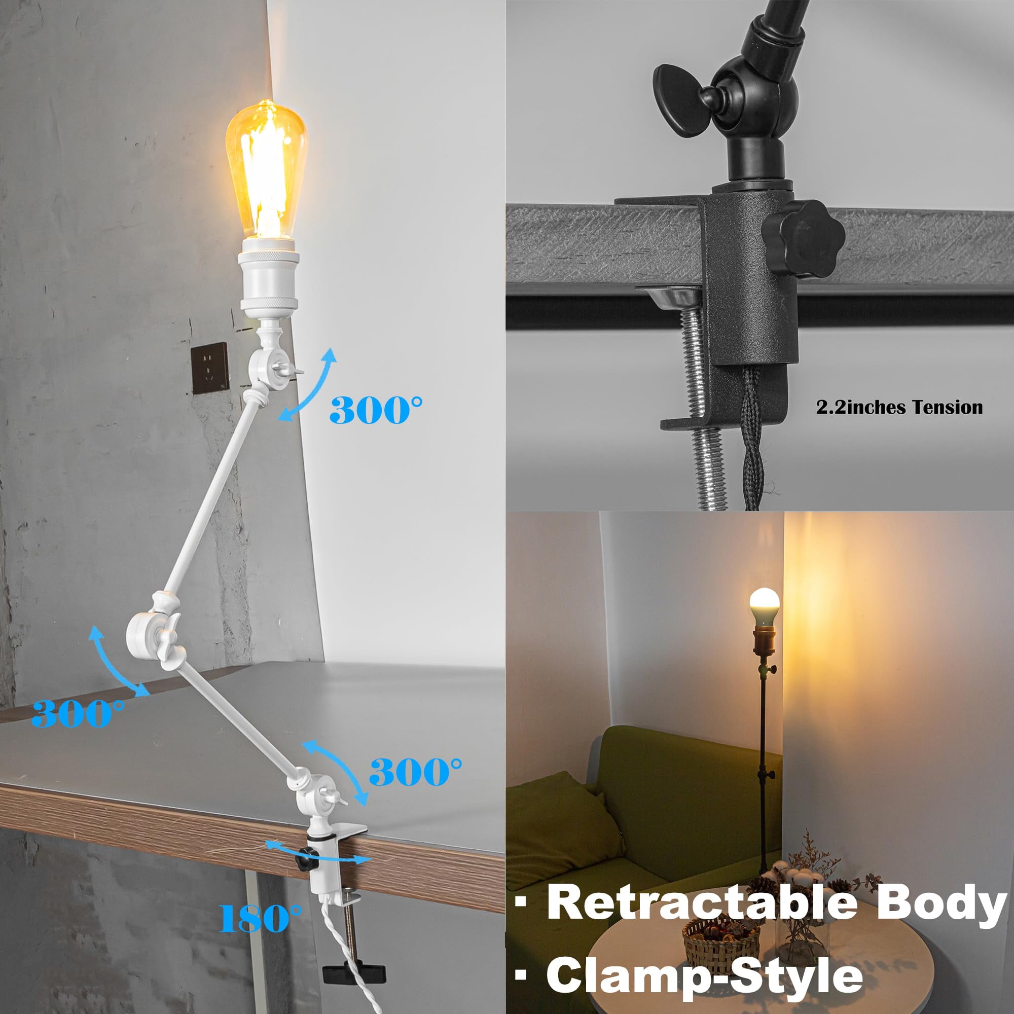 Kiven Dimmable Clip-on Desk Lamp, 1-Light Iron Modern Nightstand Lamp with Flexible Swing Arm, 8.2FT Plug in Cord, Decorative Clamp Lamp for Office Bedside Bookshelf Cabinet E26 Sokcet,White