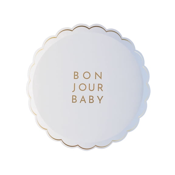 Bonjour Fête White and Gold Bonjour Baby Small Paper Plates, Disposable Party Supplies, 8 Count, 8.25 Inch, Baby Shower