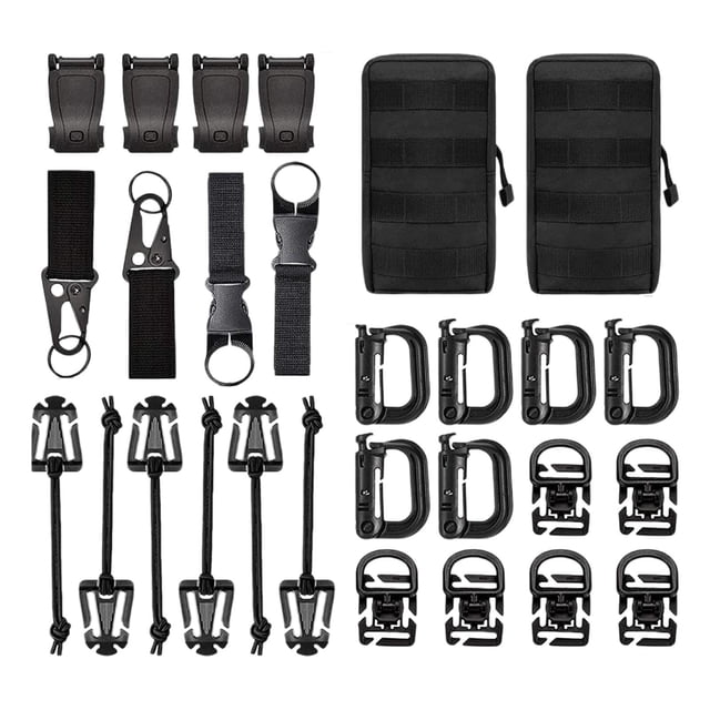accesorios tácticos para mochila molle SM SunniMix, juego negro con 6 hebillas de carrete, 6 hebillas en D, 6 clips Grimloc D-ring, correas de cincha de nailon, 4 correas elásticas con cordón y 2 bolsas MOLLE, disposición en plano frontal; tamaño aprox. 20x10x5 cm.