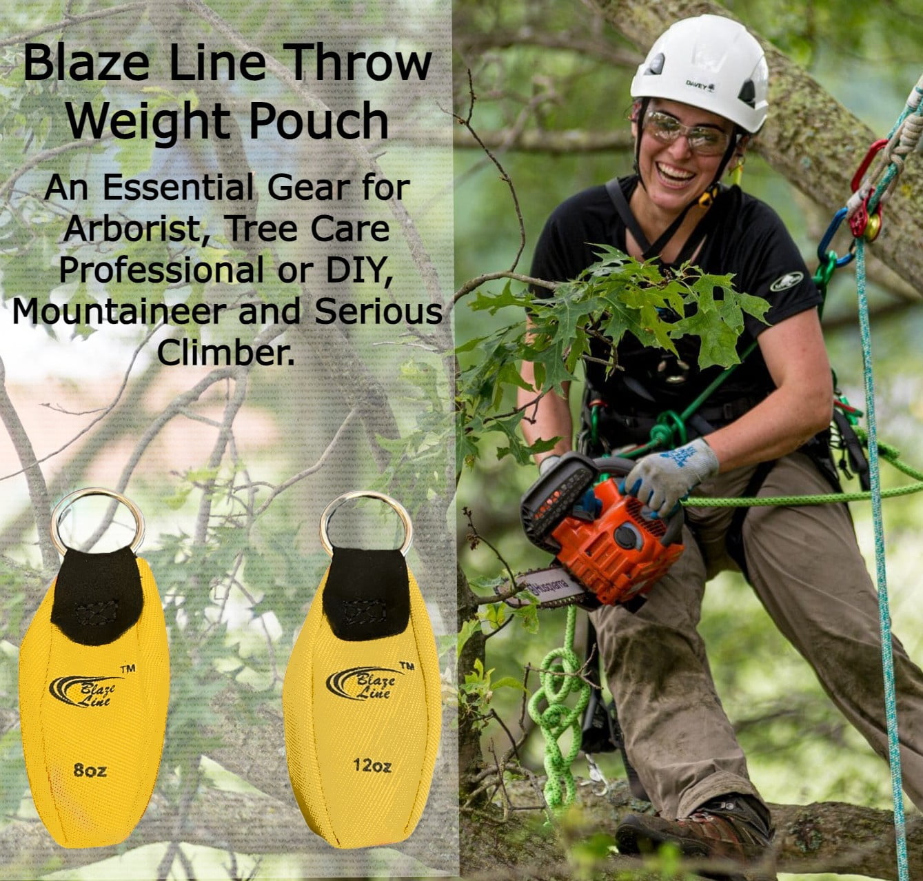Blaze Line Arborist Throw Line Weight Ball Pouch Bag for Tree Rope Climbing 2-Pack 8 and 12 oz- Luminous Yellow