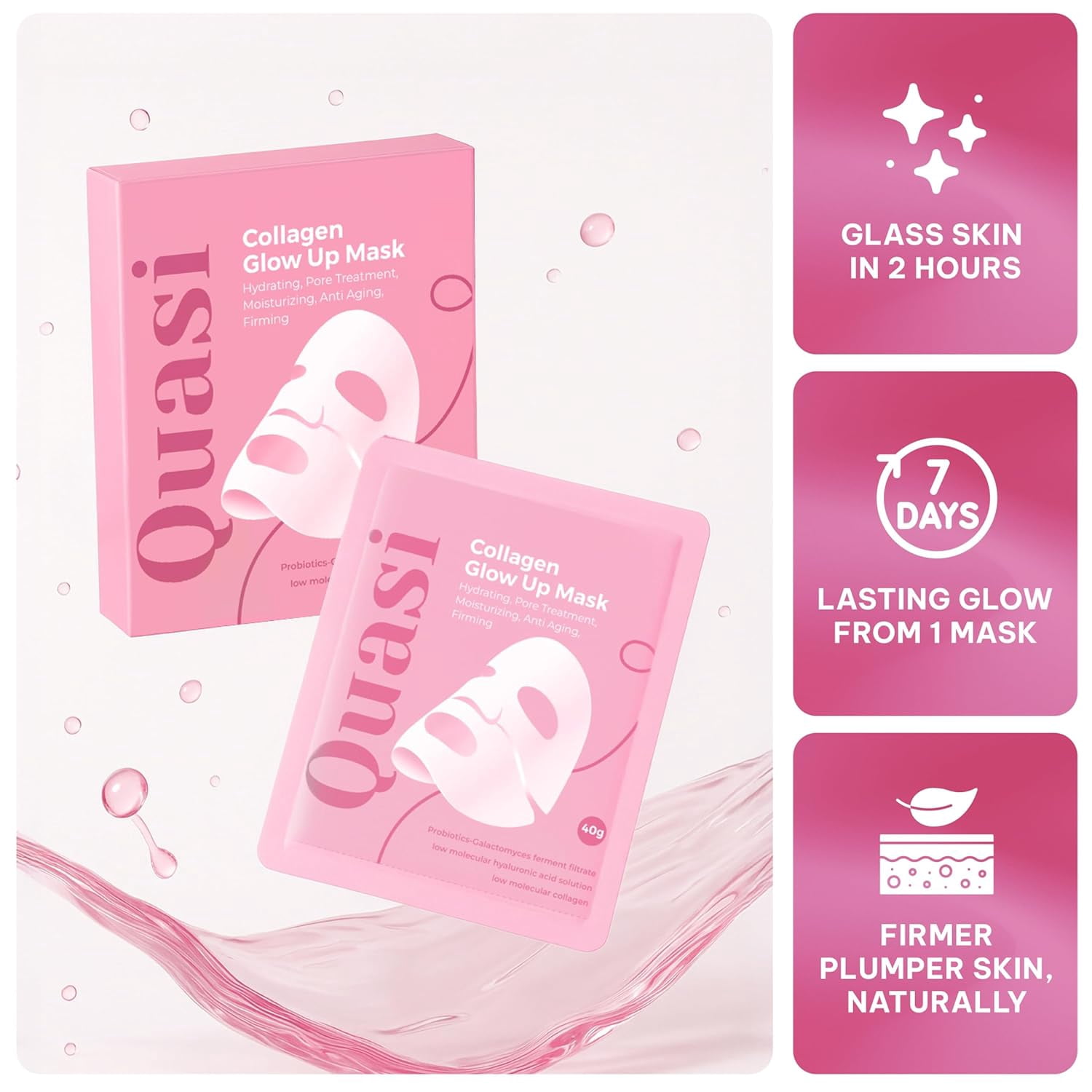 Quasi Bio-Collagen Glow Mask Set (4-Piece Overnight Treatment) | Hydrating Korean Sheet Mask | Firming & Smoothing Skincare for All Skin Types