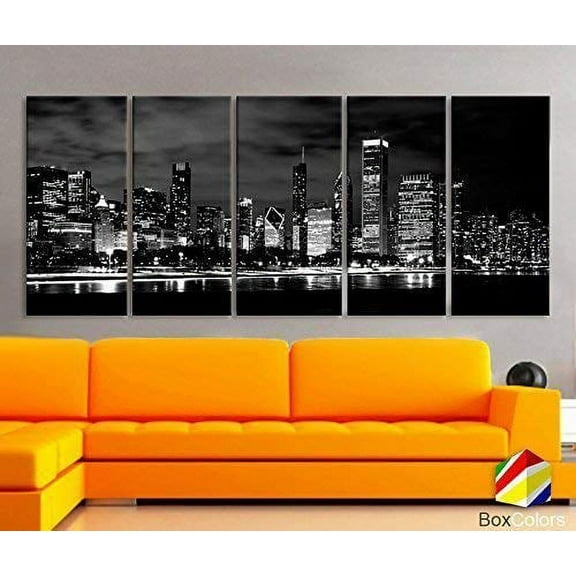 Original by BoxColors XLARGE 30"x 70" 5 Panels 30"x14" Ea Art Canvas Print beautiful Chicago Skyline night Black & White Wall Home office decor interior (framed 1.5" depth)