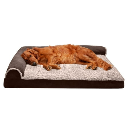 UPC: 0842229107357 | FurHaven Pet Products Two-Tone Faux Fur & Suede Deluxe L-Chaise Memory Top Sofa-Style Pet Bed for Dogs & Cats – Espresso Jumbo