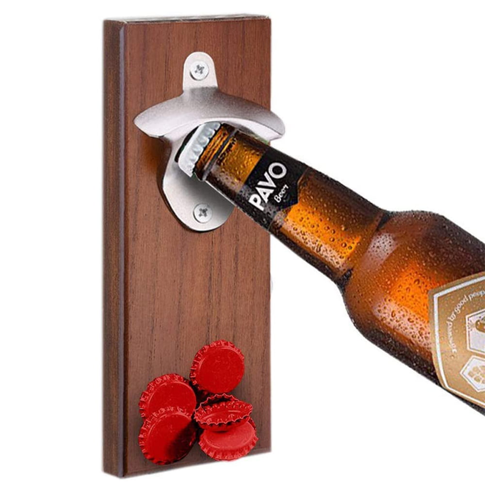 Wooden Wall Mounted Beer Bottle Opener Magnetic Cap Catcher Dog Beers 