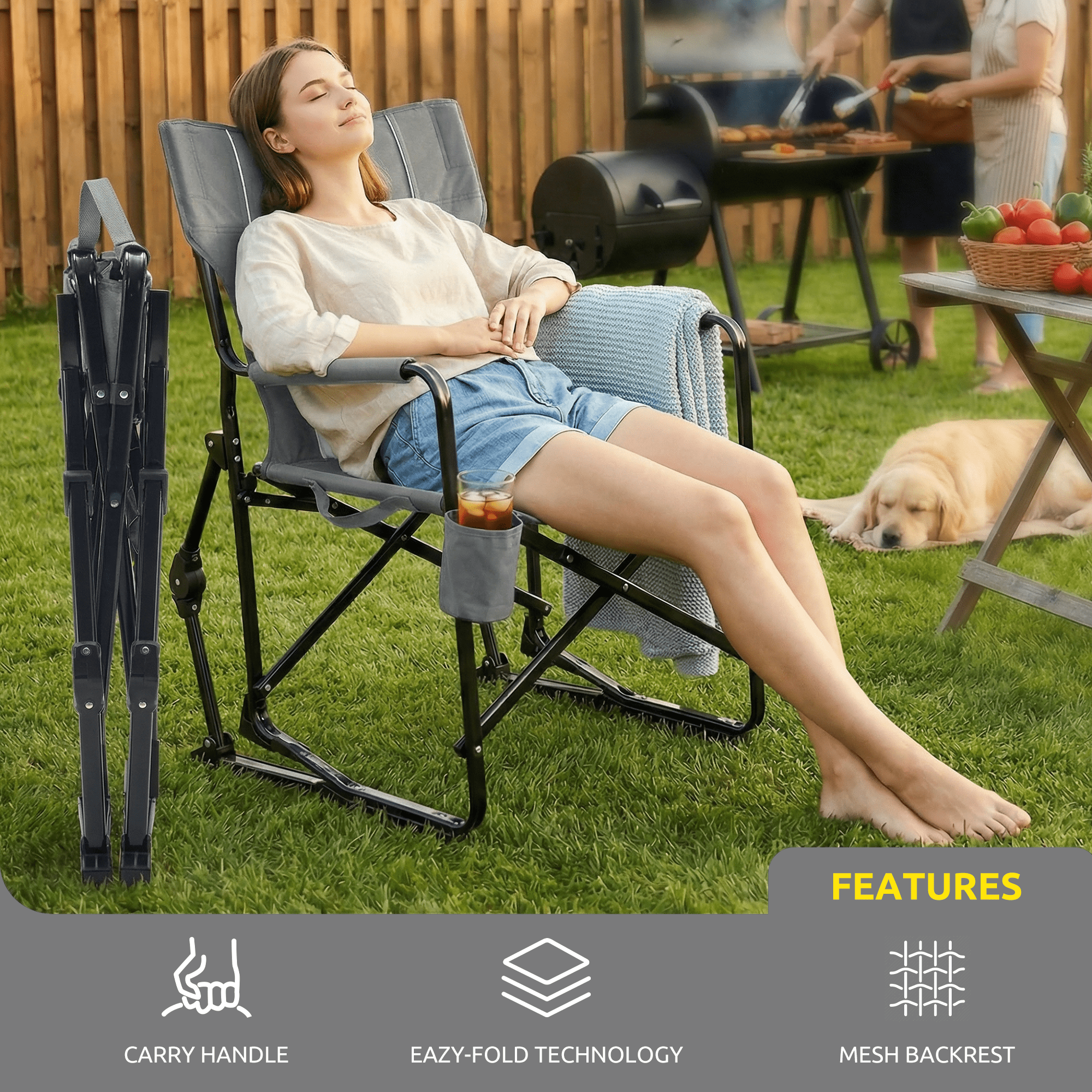 LIFERECORD Outdoor Rocker Camping Chair, Portable Folding Rocking Chair,Waterproof Cup Holder, Mesh Back for Patio Beach Sports Events