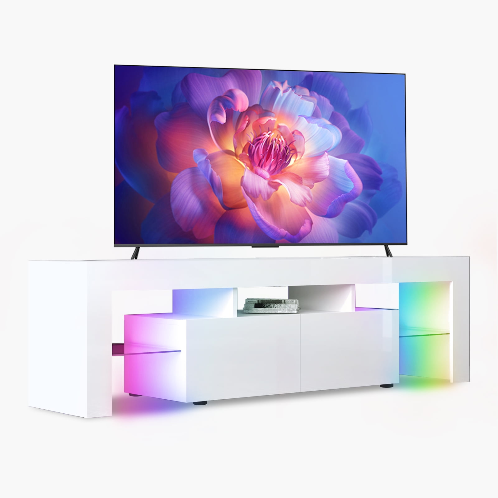 BALUS White TV Stand with RGB LED Lights for 60/65/70 Inch TVs, Modern