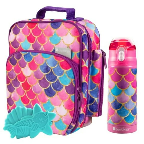 Bentology Lunch Box Set for Kids - Girls Insulated Lunch Box Tote, Water Bottle, and Ice Pack - 3 Pieces - Mermaid