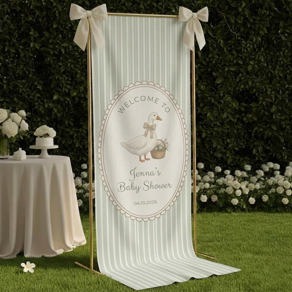ViciArt Personalized Linen Cotton Baby Shower Banner, Custom Name Event Backdrop, Goose Illustration Design