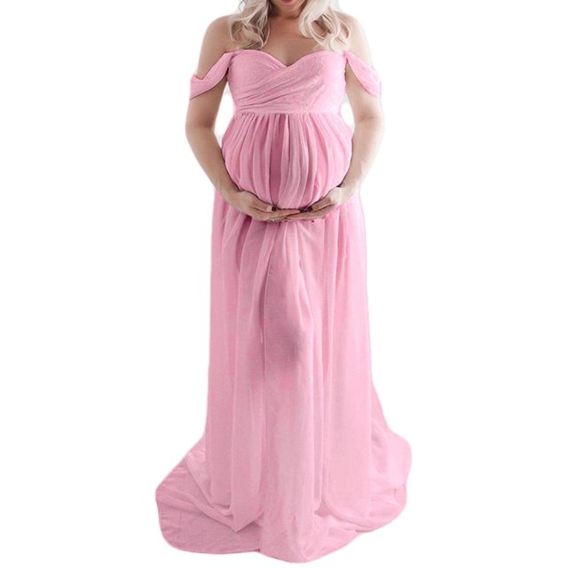 Jchiup Maternity V Neck Off The Shoulder Open Split Gown Maxi Photography Dress