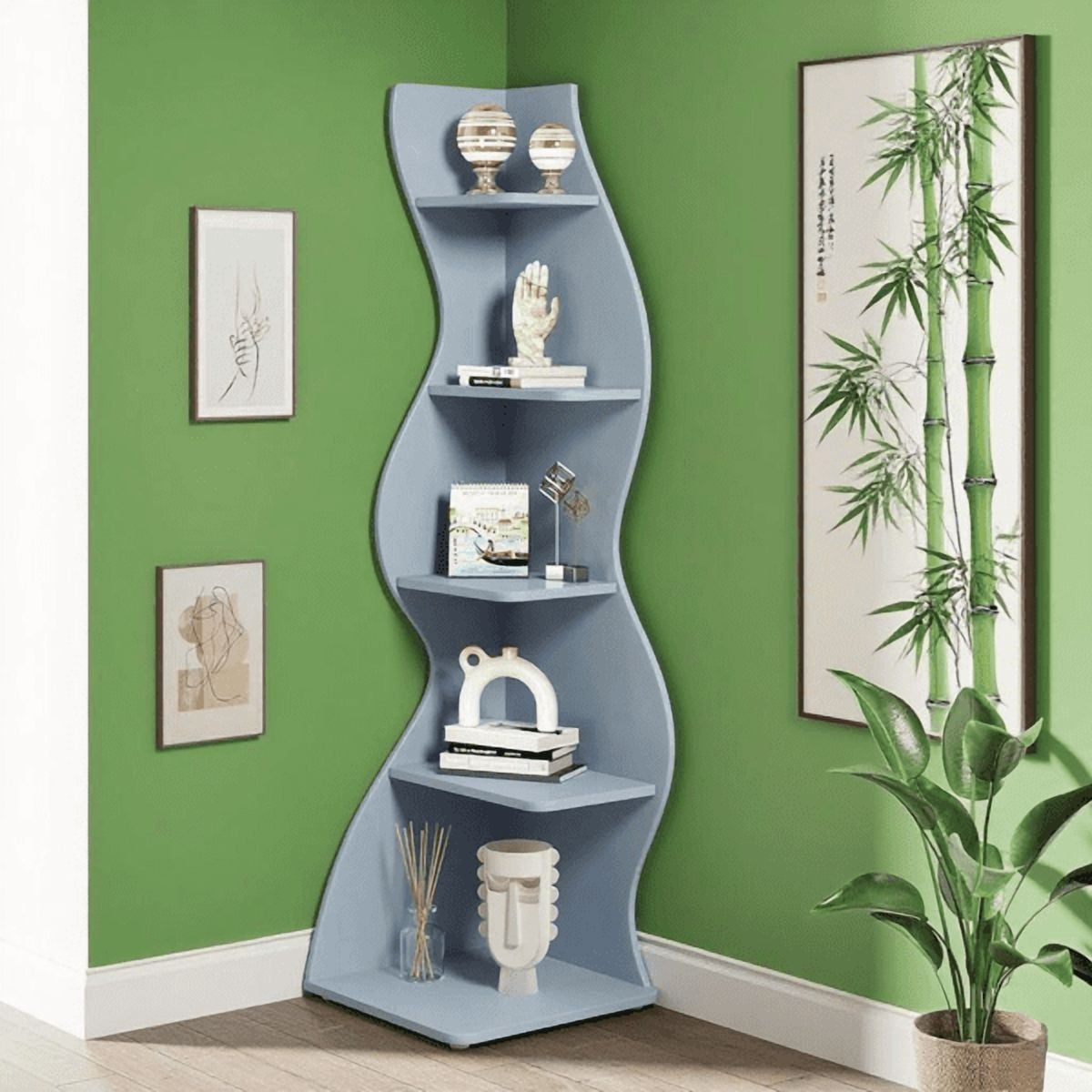 5-Tier Modern Shelving Unit - White Sea Grass Design, Adjustable Shelves, High-Quality Board, for Home/Office Organization