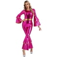 thumbnail image 2 of XUNZOO Womens 70S Disco Jumpsuits Metallic Shiny Tiered Flare Sleeve Bell Bottom Dancewear Hot Pink M, 2 of 7