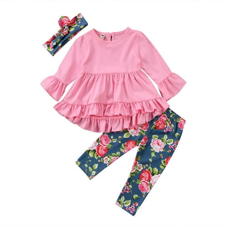 Little Girls Toddler Kids Pink/Green Long Sleeve Ruffle Dress T-Shirt Floral Capris Pants Headband/Scarf 3 Pcs Outfits Sets