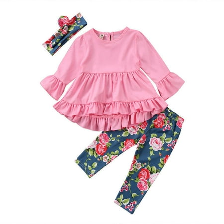 - Little Girls Toddler Kids Pink/Green Long Sleeve Ruffle Dress T-Shirt Floral Capris Pants Headband/Scarf 3 Pcs Outfits Sets