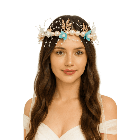 Fairytale Bridal Headband with Blue Flowers and Ribbons Costume Accessory