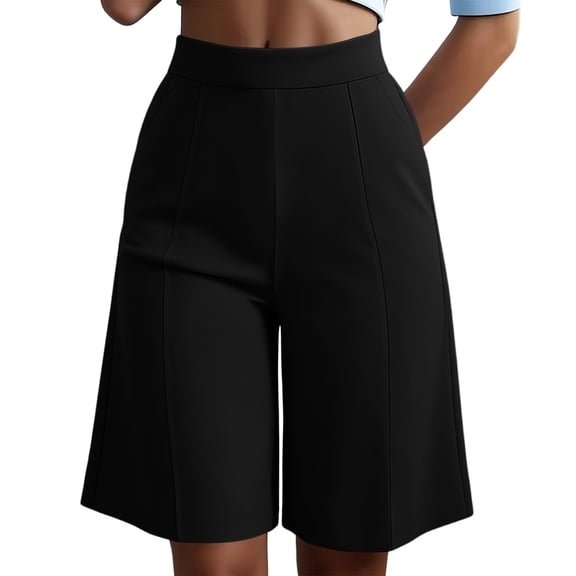 Rggeeun Women'S Shorts Solid Color Knee Length Elastic High Waist Wide Leg Loose Fit With Front Seam & Pleated For Vacation Beach Versatile Bottoms,Black,S