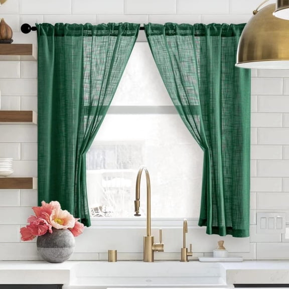 2-Pack Emerald Green Semi-Sheer Bathroom Window Drapes, 36"W x 48"L, Airy
