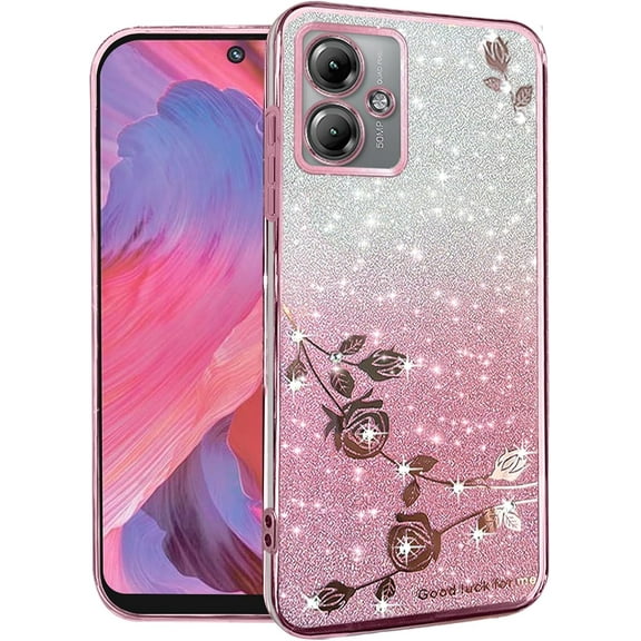 for Motorola Moto G54 Case Clear Glitter Sparkle Aesthetic Motorola G54 5G Phone Case Silicone Soft Flower Transparent Shockproof Cover Purple Slim (Pink)