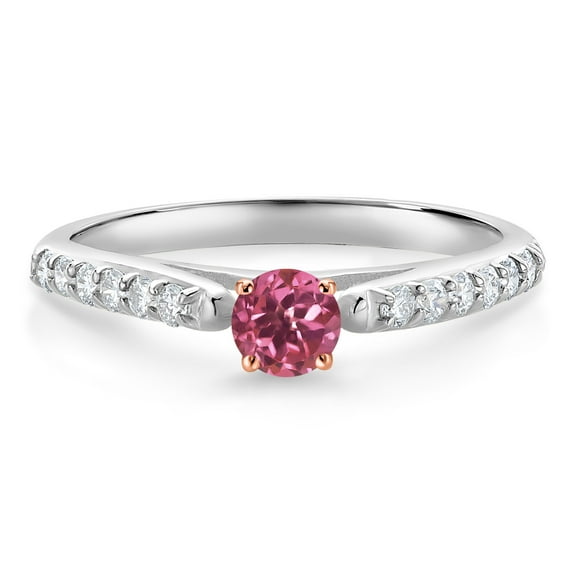 Gem Stone King 10K White and Rose Gold Pink Tourmaline and White Lab Grown Diamond Engagement Ring for Women (0.33 Cttw, Gemstone October Birthstone, Round 3.5MM, Size 5)