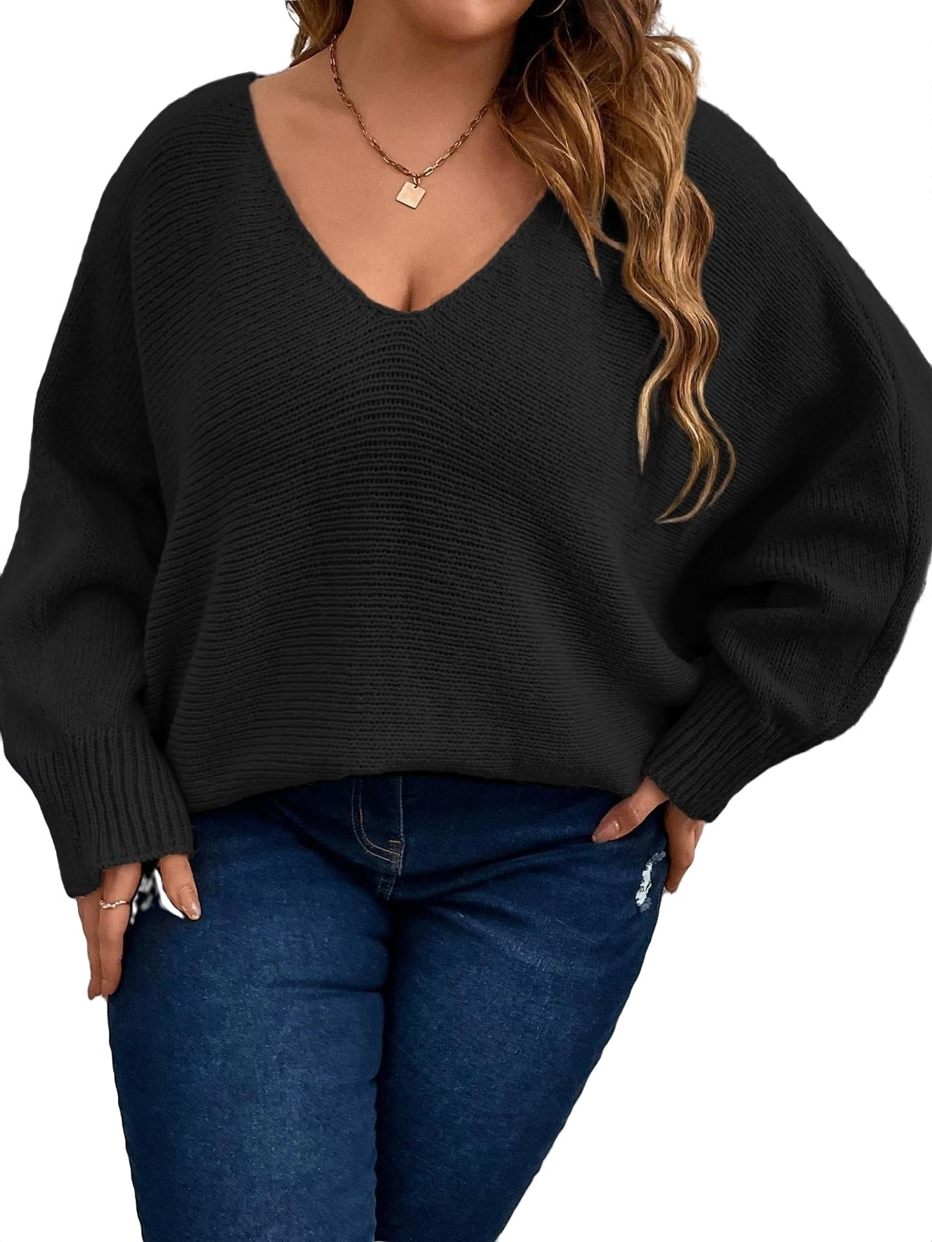 Casual Plain V neck Pullovers Long Sleeve Black Plus Size Sweaters ...